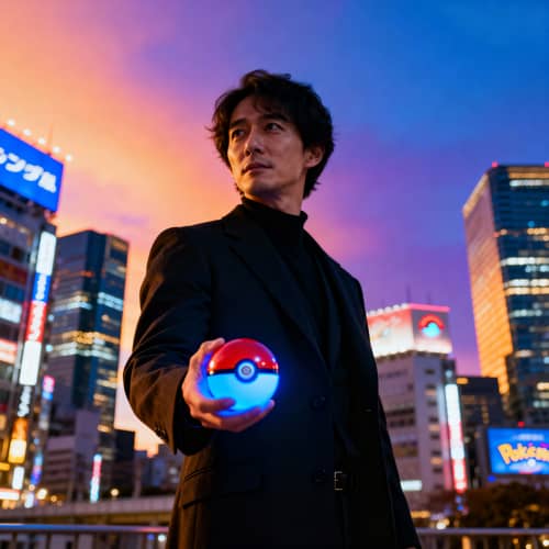 Man in Black Coat with Pokémon Ball in Tokyo