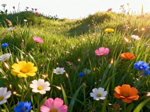 Lush Cinematic Grassland with Wildflowers Art Lush Cinematic Grassland with Wildflowers Art
