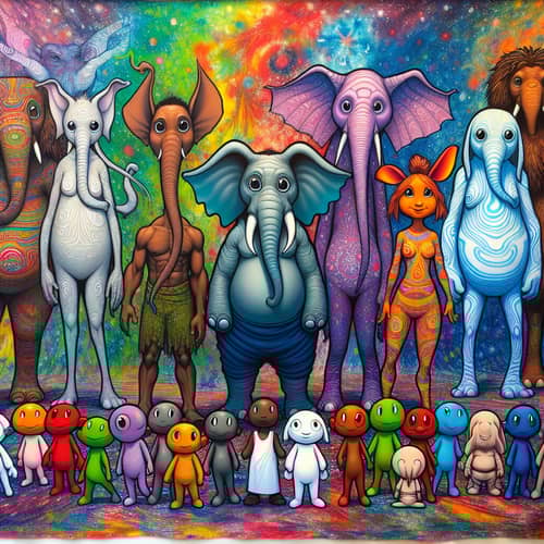 Colorful Elephant People: Fantastical Beings in Vibrant Setting