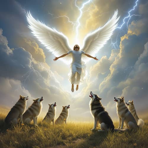 Falling Angel Surrounded by Watchful Dogs