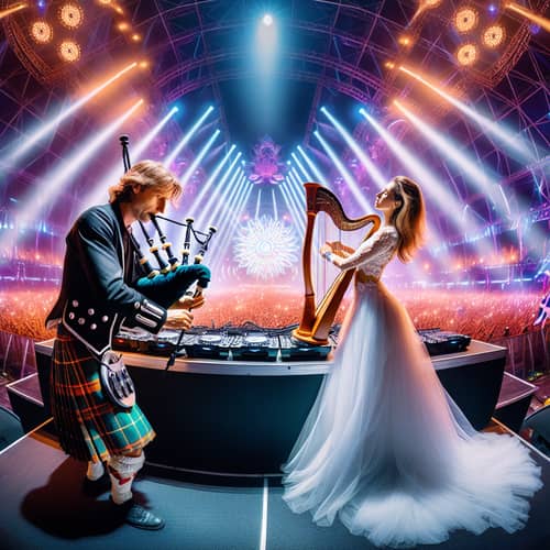 Epic EDM Festival Scene with DJ and Bagpipe Player