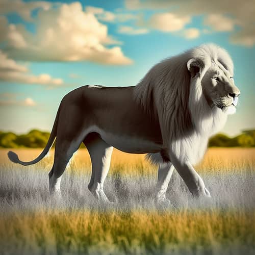 Majestic Colorless Lion on a Grassy Savannah Plain