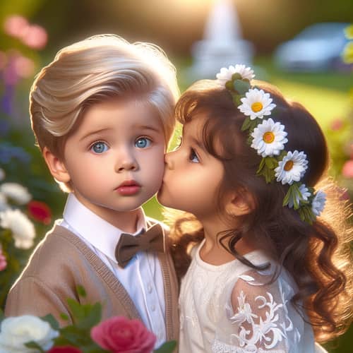 Innocent Kiss in Beautiful Park | Young Boy & Girl Embraced by Serene Light