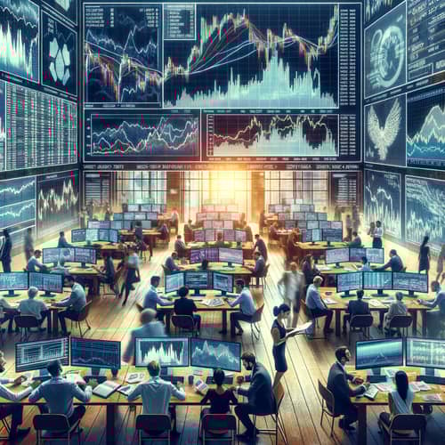 Bustling Share Market Scene with Diverse Traders and Analytics