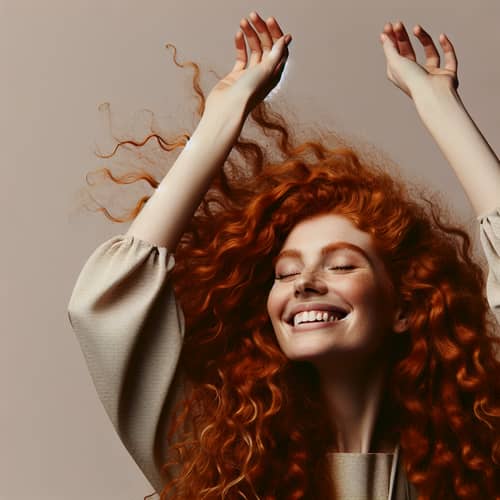 Radiant Redheaded Woman with Raised Arms