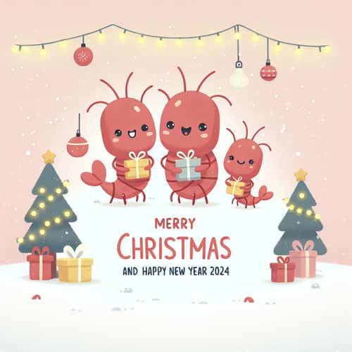 Joyful Shrimp Family Celebrate Christmas with Wrapped Gifts