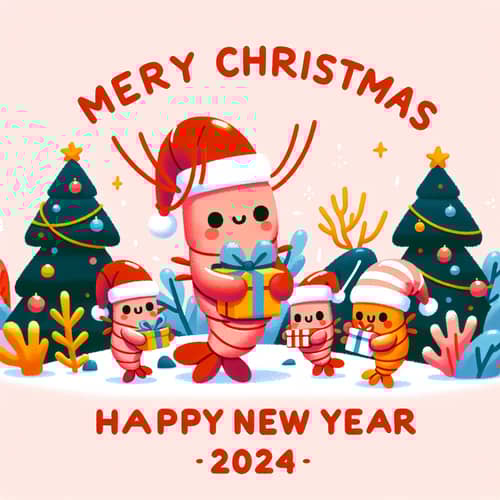 Merry Christmas & Happy New Year 2024 Card with Adorable Shrimp Family