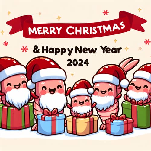 Merry Christmas & Happy New Year 2024 Card with Cute Shrimp Family