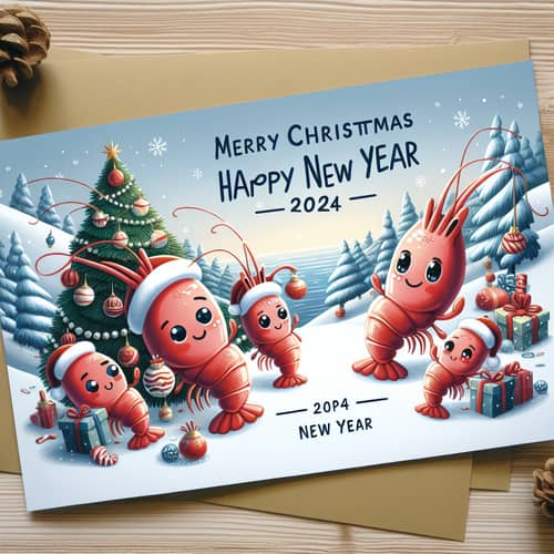 Merry Christmas & Happy New Year 2024 Greeting Card with Cute Shrimp Family
