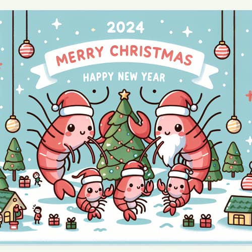 Cute Anthropomorphic Shrimp Family Christmas Greeting Card 2024