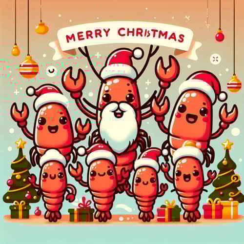 Merry Christmas & Happy New Year Card with Anthropomorphic Shrimp Family