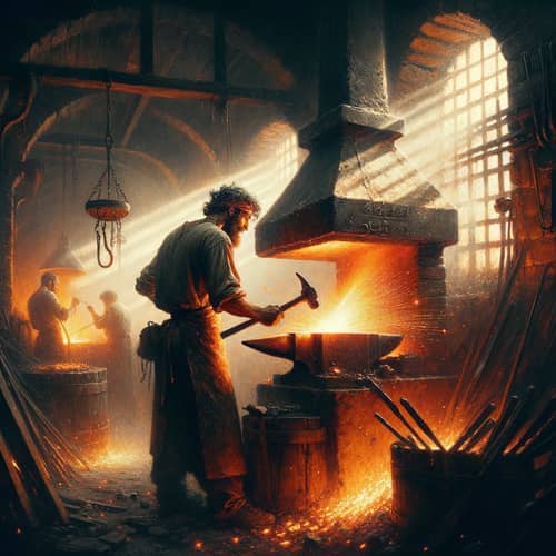Skilled Middle-Eastern Blacksmith in Dimly Lit Forge