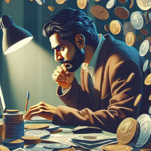 Determined South Asian Man Studying Surrounded by Currency