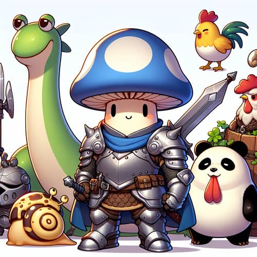 Fantasy Mushroom Swordsman and Companions in Armor and Whimsical Setting