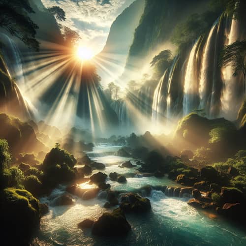 Majestic Sunlight Rays and Waterfalls in Natural Landscape