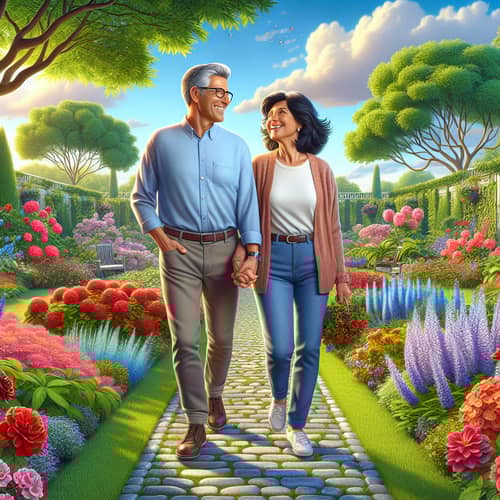 Bob and His Wife Enjoying a Romantic Stroll in a Blooming Garden