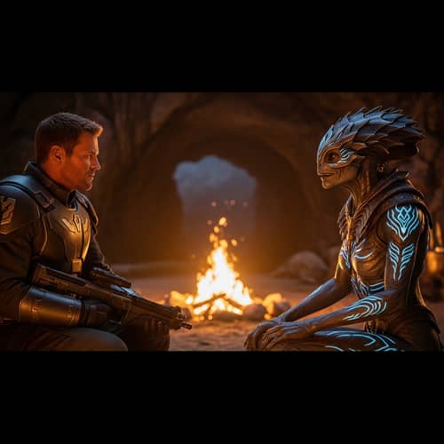 Alien Queen and Human General by the Fire