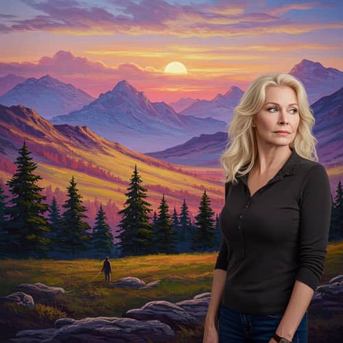 Psychedelic Mountain Landscape with a Reflective Woman