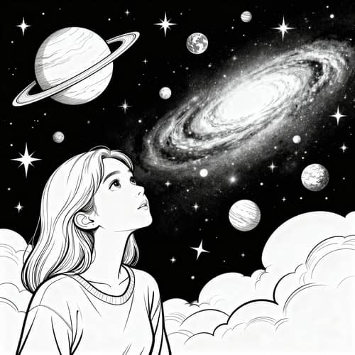 Dreamy Woman Gazing at the Universe Coloring Page Dreamy Woman Gazing at the Universe Coloring Page
