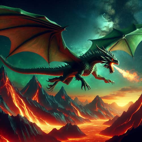 Majestic Emerald Dragon Soaring Over Glowing Lava Mountains