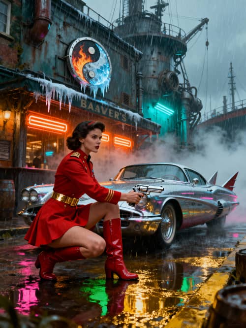 Futuristic 1950s Female Space Captain in Cyberpunk Style