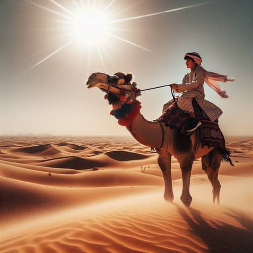 Middle-Eastern Boy Riding Camel in Vast Desert
