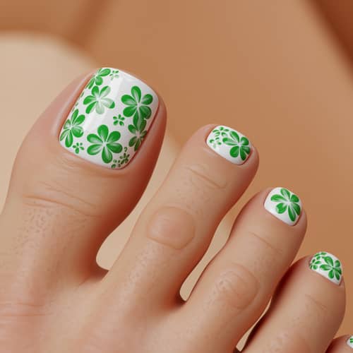 White Toenails with Green Flower Design