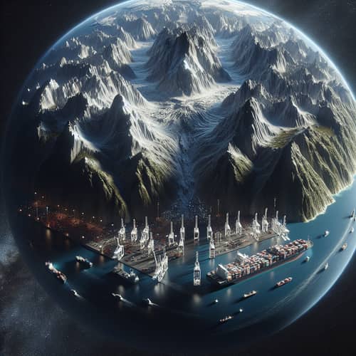 3D Earth Rendering with Majestic Mountain Range and Busy Port View