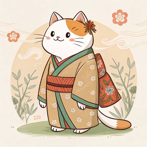 Charming Cat in Luxurious Kimono Ukiyo-e Art