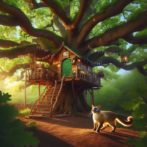 Captivating Tree House with Majestic Siamese Cat