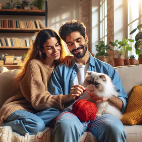 Loving Multicultural Couple Raising Adorable Cat in Cozy Home