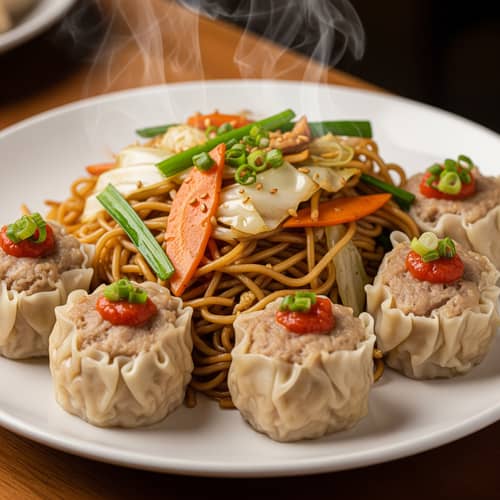 Fried Noodles with Big Siomai - A Tasty Delight