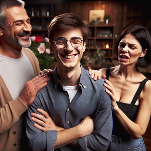 Smiling Bespectacled Man, Smiling Man, and Angry Plus-size Woman in Dimly Lit Room