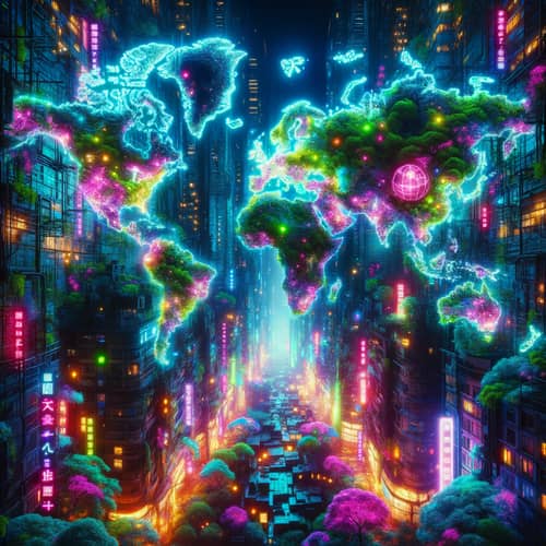 Hyper-Realistic World Map with Neon Lights and Bioluminescent Vegetation