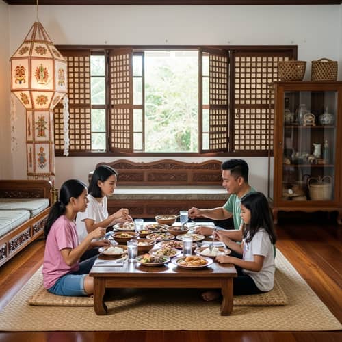Filipino Family Dining in Traditional Living Room