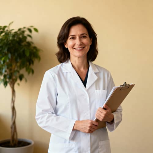 Smiling 35-Year-Old Nutritionist in White Coat