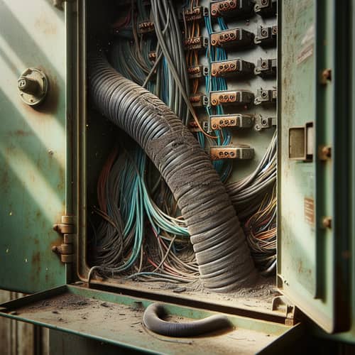 Vintage Electrical Cabinet with Weathered Green Metal and Tangled Wires