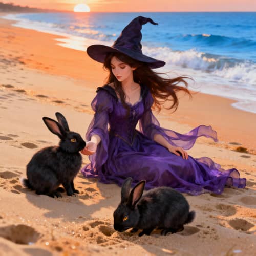 Brunette Witch on Beach with Black Rabbits Brunette Witch on Beach with Black Rabbits