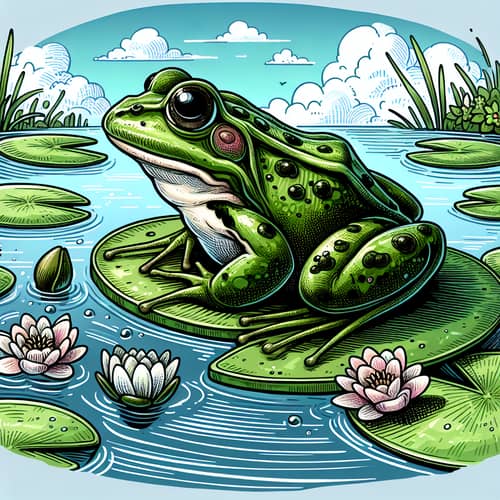 Vibrant Green Frog on Lily Pad in Calm Pond