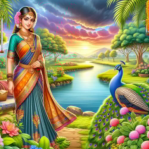 Serene Riverbank Landscape with Indian Woman Chandana and Peacock