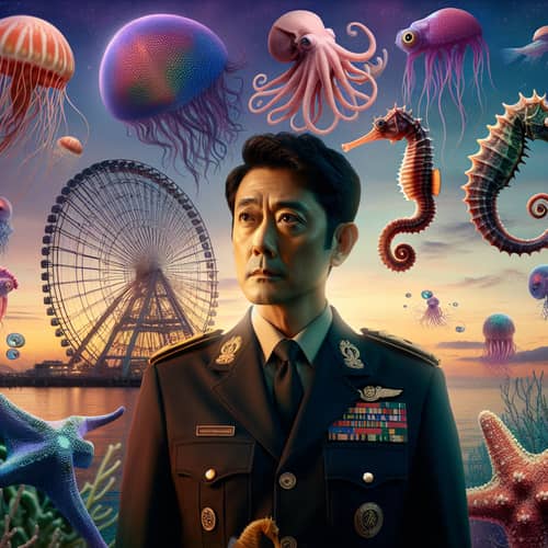 Asian Male Director in Military Uniform with Sea Creatures and Ferris Wheel