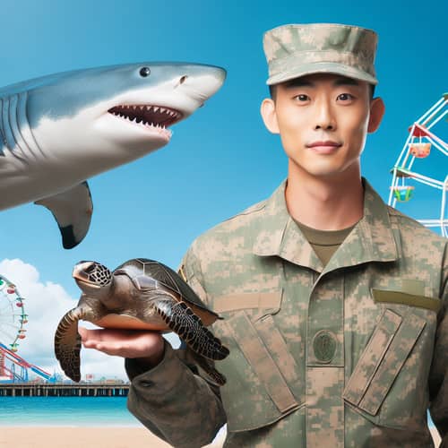 Asian Man in Military Uniform with Shark, Turtle and Ferris Wheel