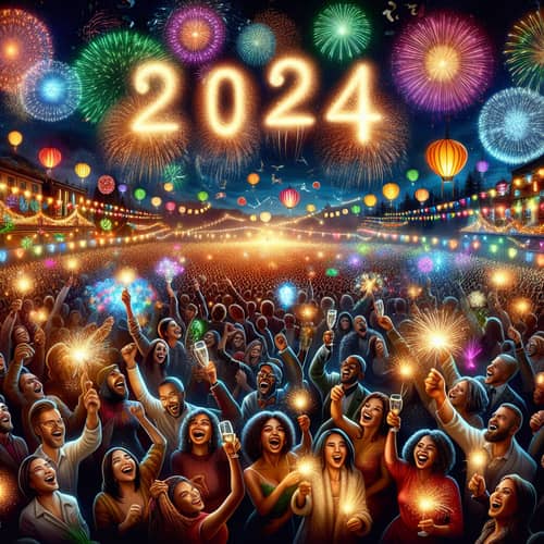 2024 New Year's Celebration: Joyful Crowd under Colorful Fireworks