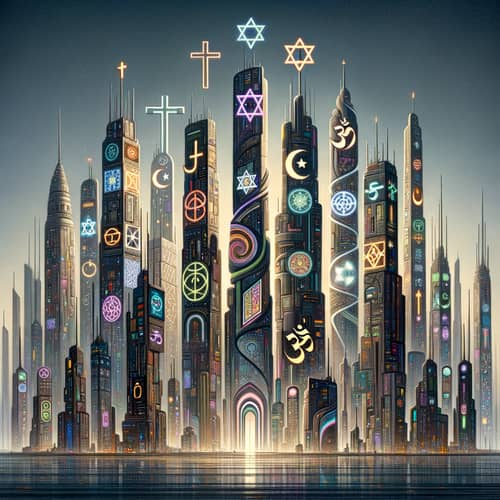 Futuristic Cityscape with Diverse Religious Symbols | Tomorrow's Innovation