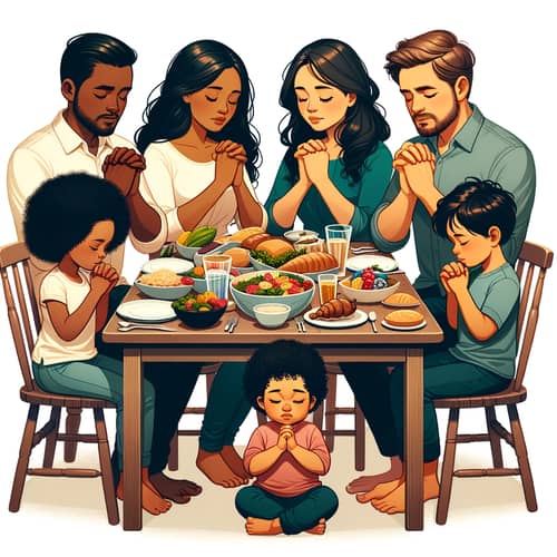 Multicultural Family Praying Together Around Dining Table