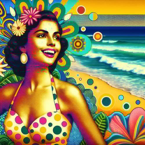 Hispanic Woman in Polka-dot Bikini on Tropical Beach