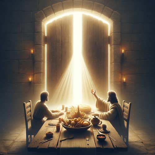 Divine Encounter: Jesus and a Common Man Sharing Abundant Meal