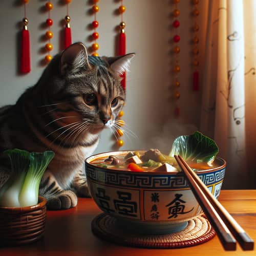Cat Enjoying Malatang Soup at Wooden Table
