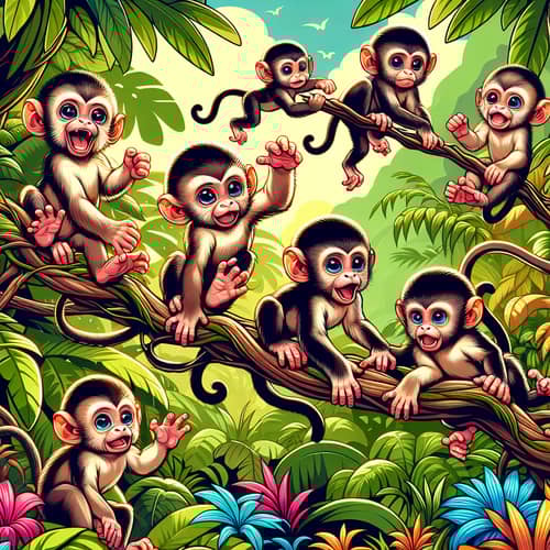 Playful Infant Monkeys in Vibrant Forest Scene