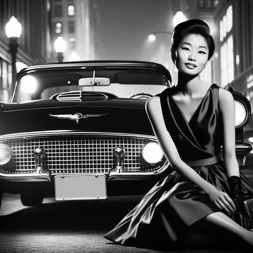 1957 Black and White City Street Scene with a Classic Thunderbird and Elegant Woman in Vintage Dress